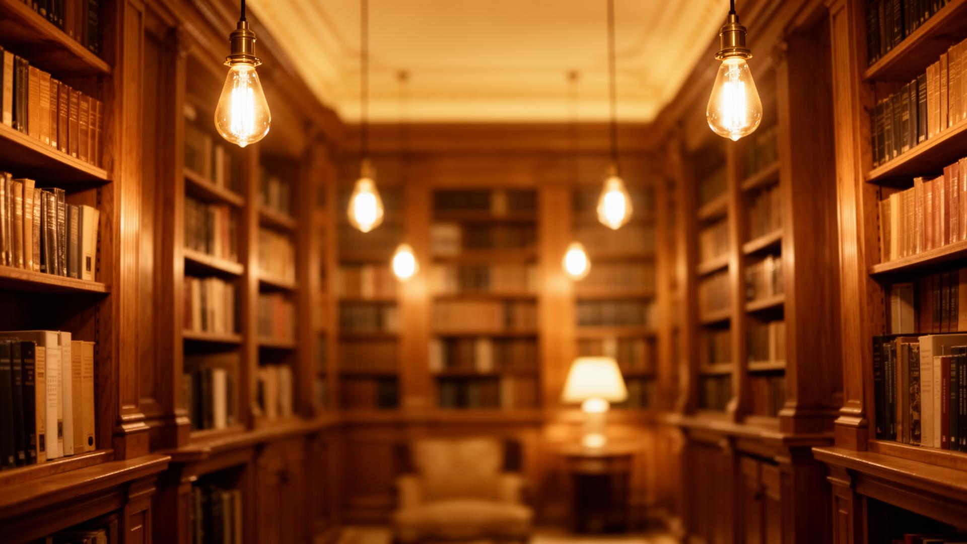 Library shelves with warm pendant lighting